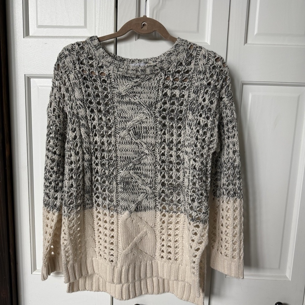 DEX chunky Knit Wool Blend Sweater Cream Black Cable Open Knit Pullover ✅Meas.